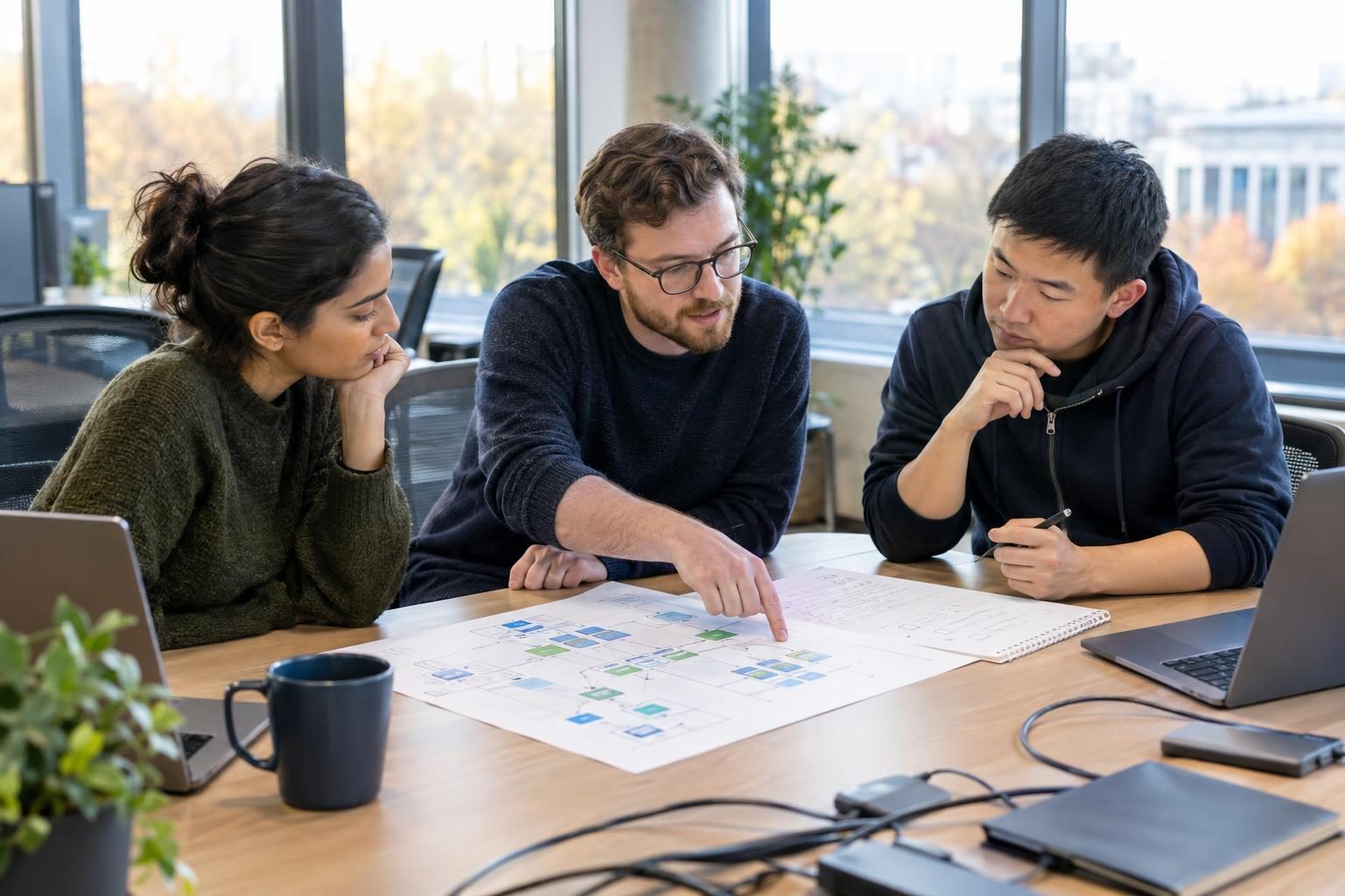 Three engineers reviewing a printed infrastructure diagram and checklist beside laptops in a naturally lit office.