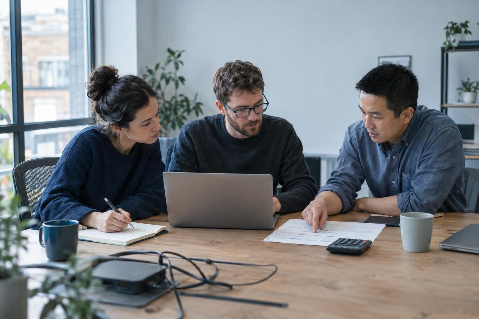 Three engineers reviewing a laptop and paper notes together at an office table.