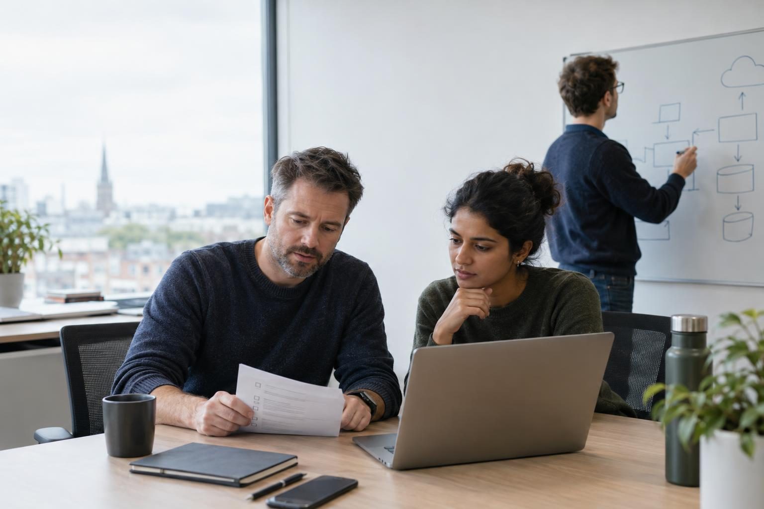 Three engineers reviewing a laptop and a paper checklist in a naturally lit office.